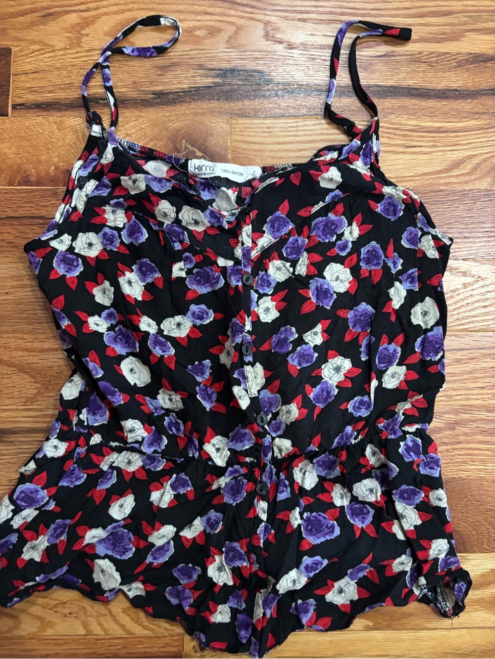 Kirra Black Floral Button-Front Tanktop with Purple & White Roses
